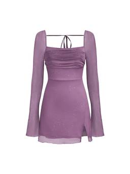 Cider - Solid Glitter Women Square Neck Knotted Mini Dress Purple