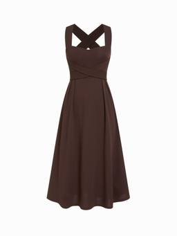 Cider - Solid Women's Square Neck Criss Cross Ruffle Midi Dress Brown