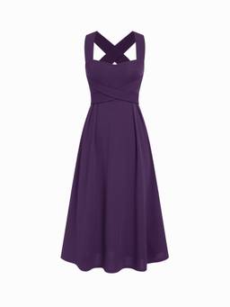 Cider - Solid Women's Square Neck Criss Cross Ruffle Midi Dress Purple