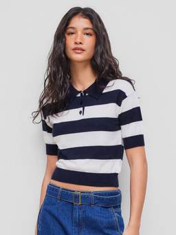 Cider - Knit Polo Women's Striped Short Sleeve Top Navy Blue