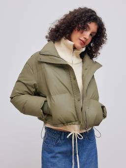 Cider - Solid Women's Stand Collar Pocket Puffer Jacket Olive