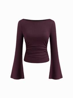 Cider - Solid Ruched Women’s Boat Neck Flared Sleeve Top Burgundy