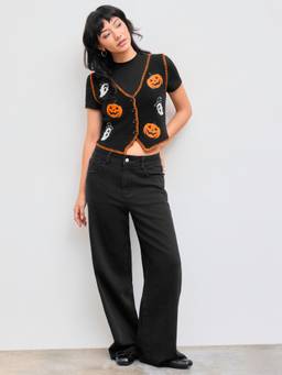 Cider - Knitted Women Graphic V-Neck Button Vest Black