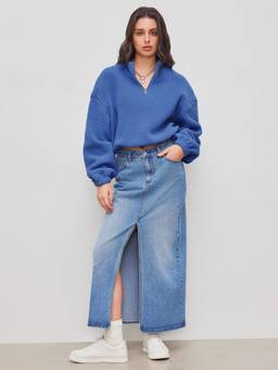 Cider - Fleece Women's Oversized High Neck Zip-Up Sweatshirt Blue