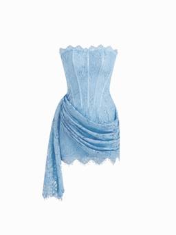 Cider - Lace Sculptural Women's Strapless Bodycon Mini Dress Blue