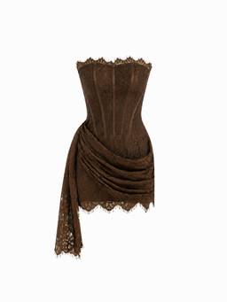 Cider - Lace Sculptural Women's Strapless Draped Bodycon Mini Dress Brown