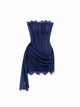 Cider - Lace Sculptural Women's Strapless Draped Bodycon Mini Dress Navy Blue
