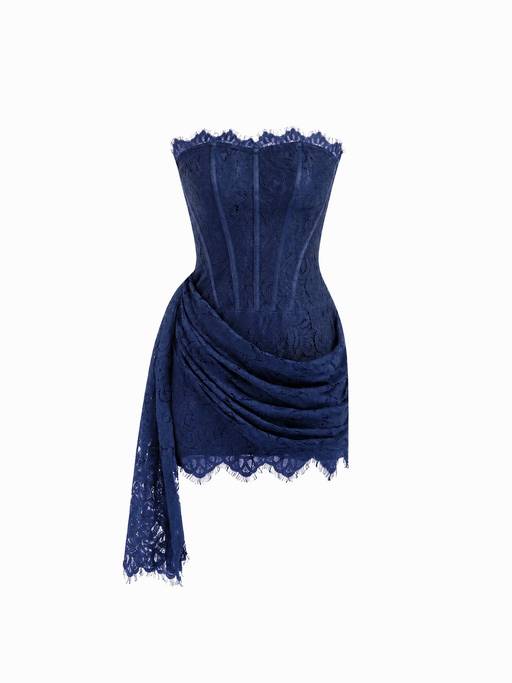 Buy Cider Lace Sculptural Women's Strapless Draped Bodycon Mini Dress Navy Blue (XXS) Online