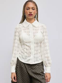 Cider - Lace Collar Women's See-Through Long Sleeve Blouse Beige