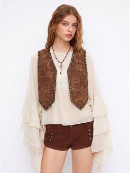 Cider - Tribal Suede Women’s V-Neck Sleeveless Waistcoat Brown