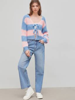 Cider - Knit Women's Oversized V-Neck Striped Tie-Up Cardigan Pink