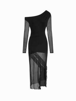 Cider - Mesh Women's Asymmetrical Neck Ruffle Hem Maxi Dress Black