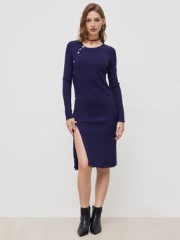 Cider - Knit Women's Button Detail Round Neck Midi Dress Navy Blue