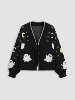 Cider - Ghost Graphic Women Oversized V-Neck Tie-Up Cardigan Black