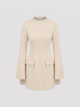 Cider - Women's Solid High Neck Long Sleeve Mini Dress Beige