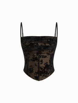 Cider - Mesh Abstract Women's Ruched Corset Crop Top Black