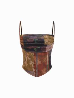 Cider - Mesh Abstract Women's Ruched Corset Crop Top Brown