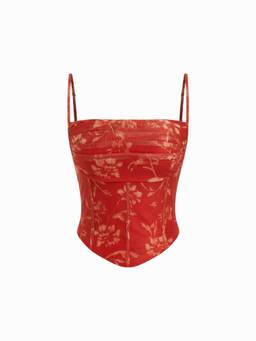 Cider - Mesh Abstract Women's Ruched Corset Crop Top Red