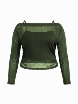 Cider - Ruched Women’s Boat Neck Long Sleeve Tee & Cami Top Olive Green