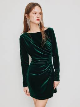 Cider - Velvet Women's Ruched Boat Neck Mini Bodycon Dress Green