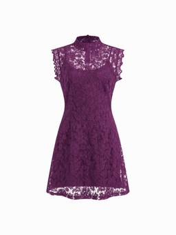 Cider - Lace High Neck Women's Regular Fit Mini Dress Purple
