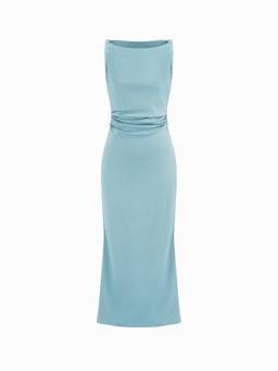 Cider - Satin Women's Boat Neck Ruched Maxi Dress Blue