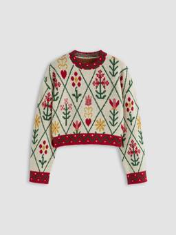 Cider - Knit Women Floral Oversized Round Neck Crop Top Multi-Color