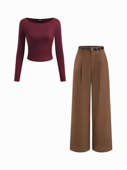 Cider - Boat Neck Women's Long Sleeve Top & Straight Trouser Co-ord Set Red