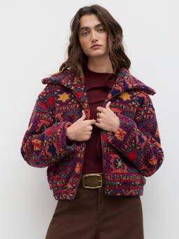 Cider - Fleece Collar Women's Graphic Oversized Jacket Red