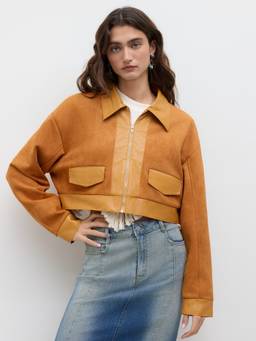 Cider - Suede Collar Women's Zip-Through Cropped Jacket Ginger