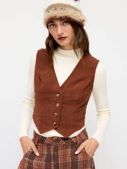 Cider - Corduroy Women V-Neck Buttoned Waist Coat Brown