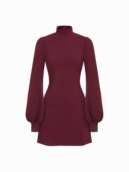 Cider - High Neck Women's Ruffle Puff Sleeve Mini Dress Burgundy