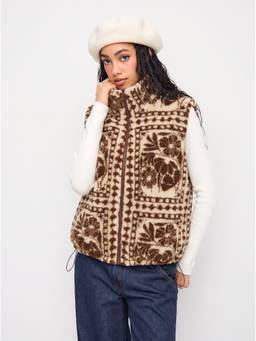 Cider - Fleece Women Floral Oversized Zip-Up Waist Coat Brown