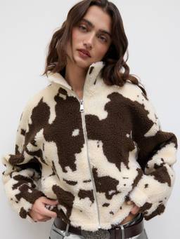 Cider - Fleece Funnel Neck Printed Drawstring Oversized Jacket Cream