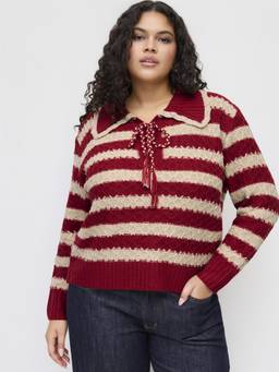 Cider - Knit Collar Women’s Striped Tie-Up Pullover Sweater Red