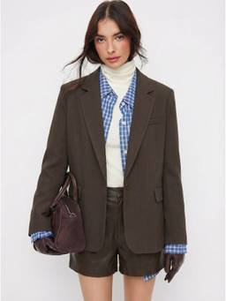 Cider - Notched Collar Women's Oversized Single-Button Blazer Coffee