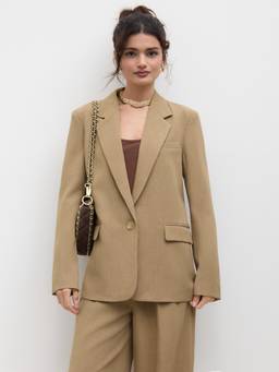 Cider - Notched Collar Women's Oversized Single-Button Blazer Khaki