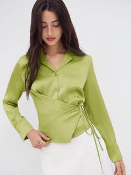 Cider - Notched Collar Women's Ruched Knotted Shirt Green