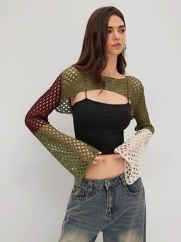 Cider - Knit Hollow Out Women’s Colorblock Crop Poncho Olive