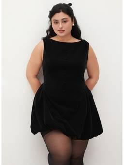 Cider - Velvet Women's Boat Neck Ruffle Bubble Hem Mini Dress Black