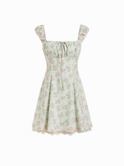 Cider - Women's Floral Tie-Up Square Neck Mini Dress Pale Green