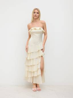 Cider - Satin Women's Bandeau Split Ruffle Hem Maxi Dress Beige