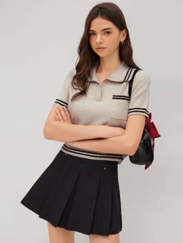 Cider - Knit Collar Stripe Women's Short Sleeve Top Cream