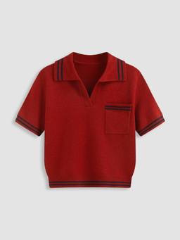 Cider - Knit Collar Women's Striped Short Sleeve Top Red