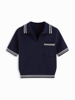 Cider - Knit Collar Women's Striped Short Sleeve Top Navy Blue