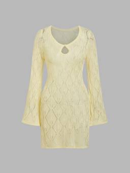 Cider - Knit Crochet Women's Cut-Out Round Neck Knee Length Dress Yellow
