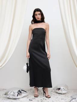 Cider - Satin Women's Halter Neck Bandeau Maxi Dress Black