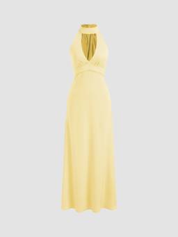 Cider - Women's Slim Halter Neck V-Neck Maxi Dress Yellow