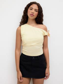 Cider - Ruched Women Asymmetrical Neck Crop Tank Top Yellow