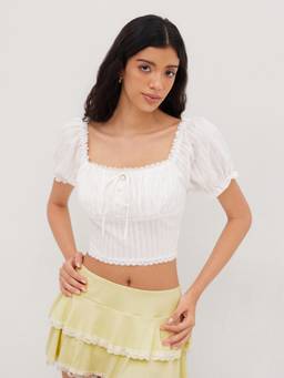 Cider - Broderie Anglaise Women's Puff Sleeve Crop Blouse White